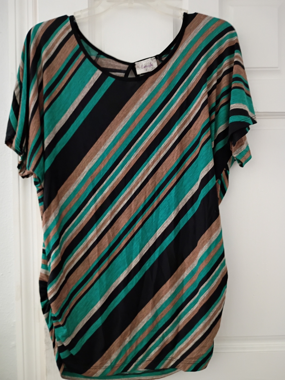 Lavish Diagonal Stripe Scoop Neck Tee in Teal, Black & Brown